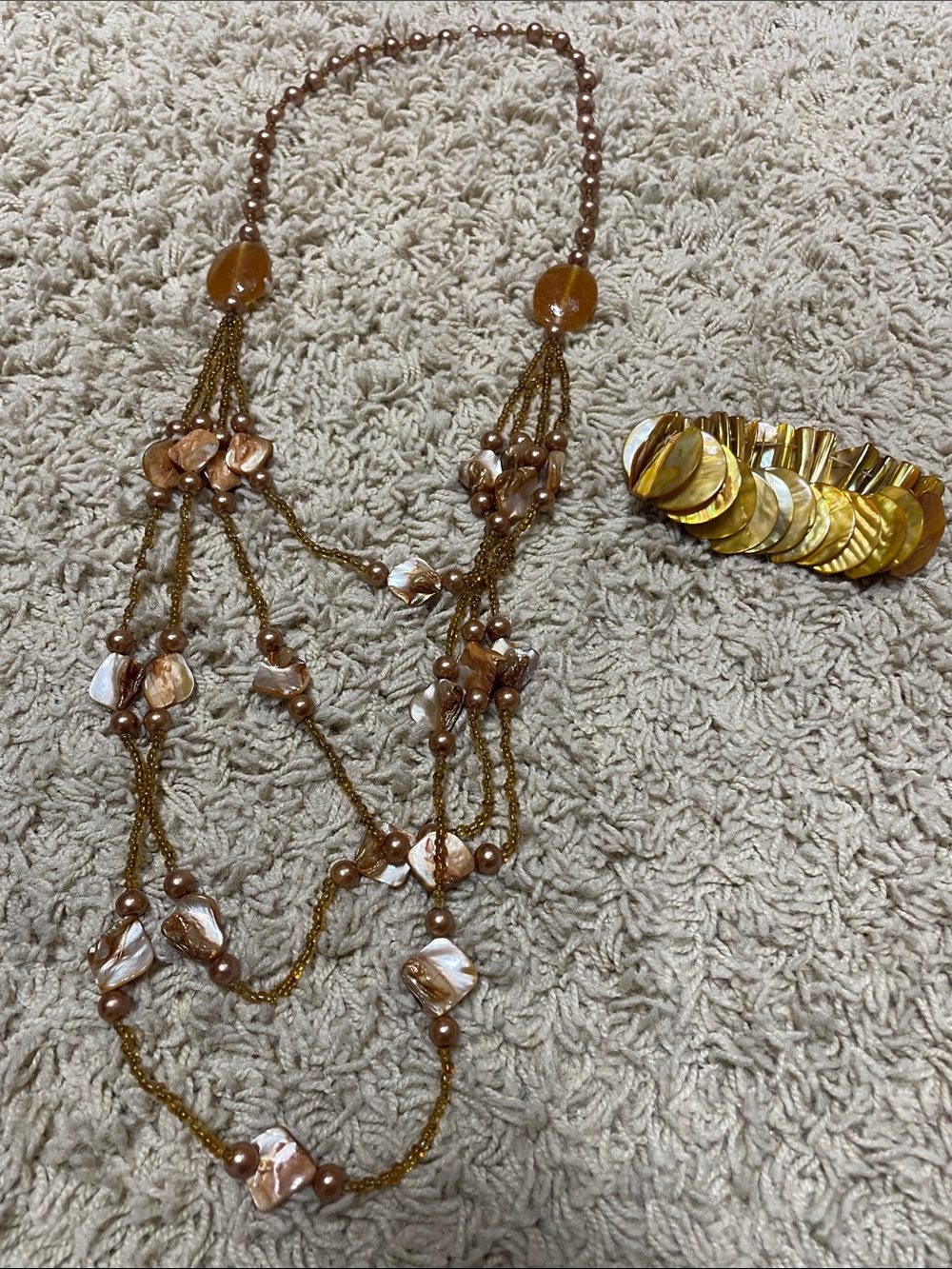 Gold-Tone Beaded Multi-Strand Necklace with Shell Accents